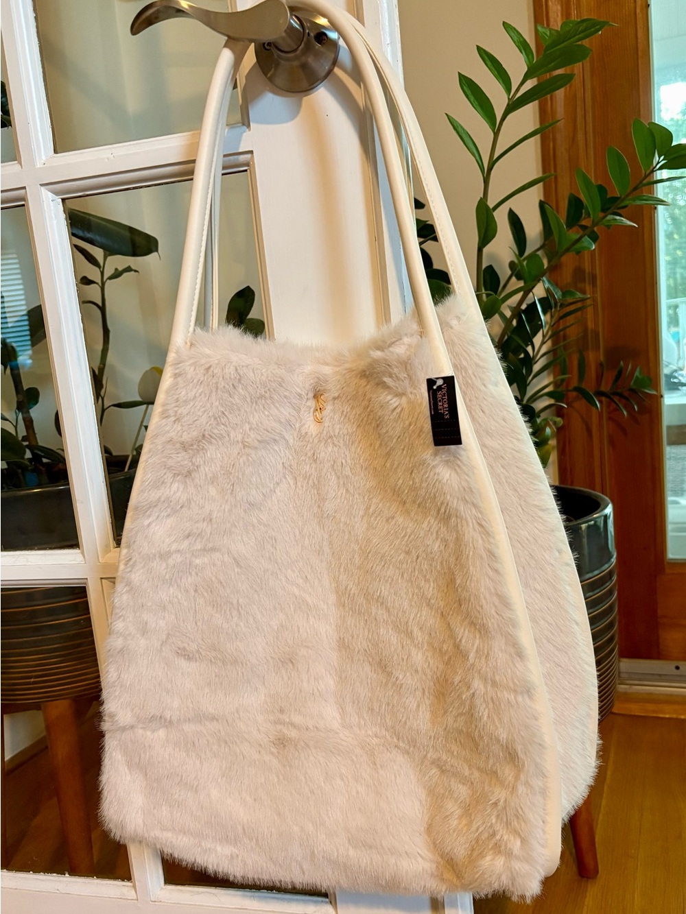 Victoria's Secret Cream Faux Fur Tote with White Straps